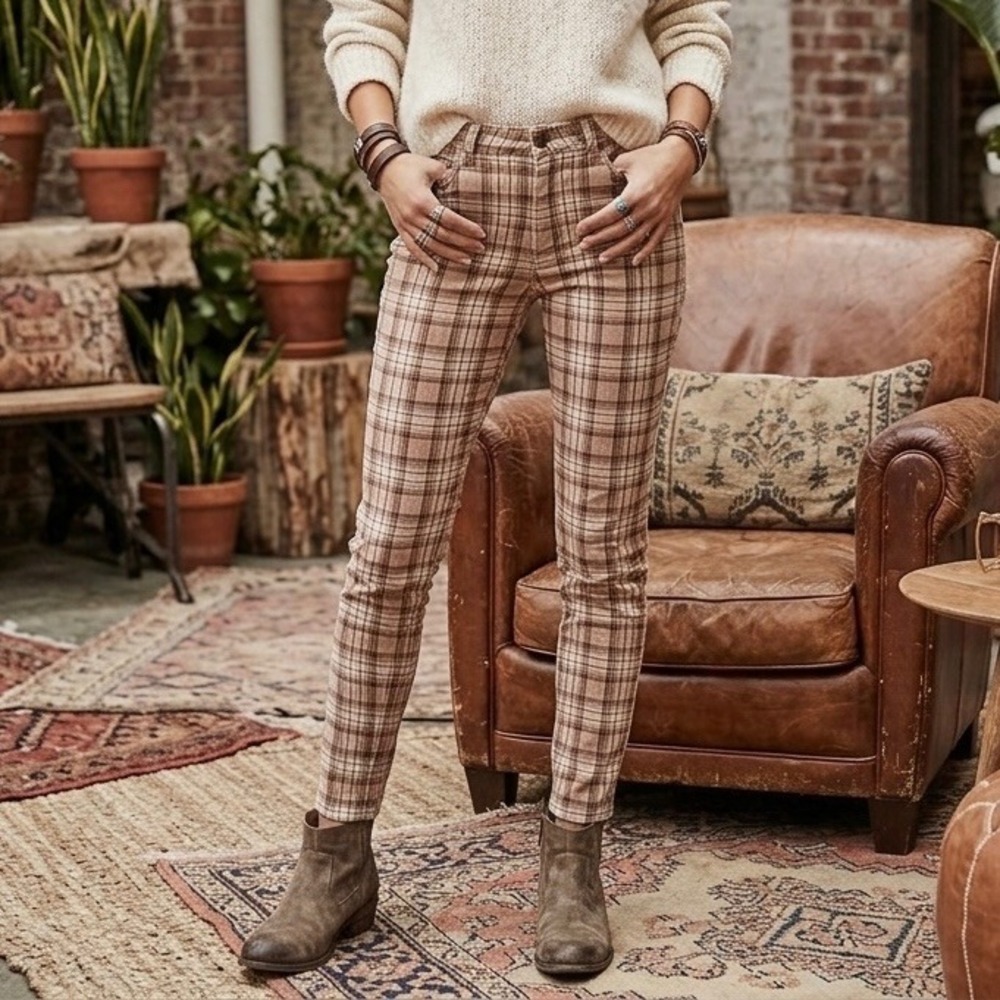 Free People Plaid Corduroy Skinny Pants Tan Brown - Size 29